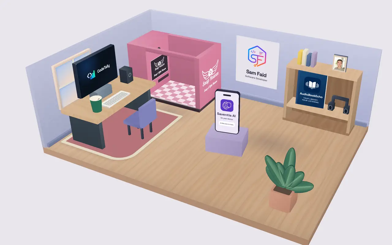 Sam’s studio: a pink photobooth, a book and headphones on a shelf, a monitor, a phone and a coffee cup.